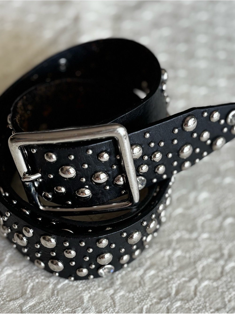 Vng Express Studded Black Leather Belt with Silver Hardware